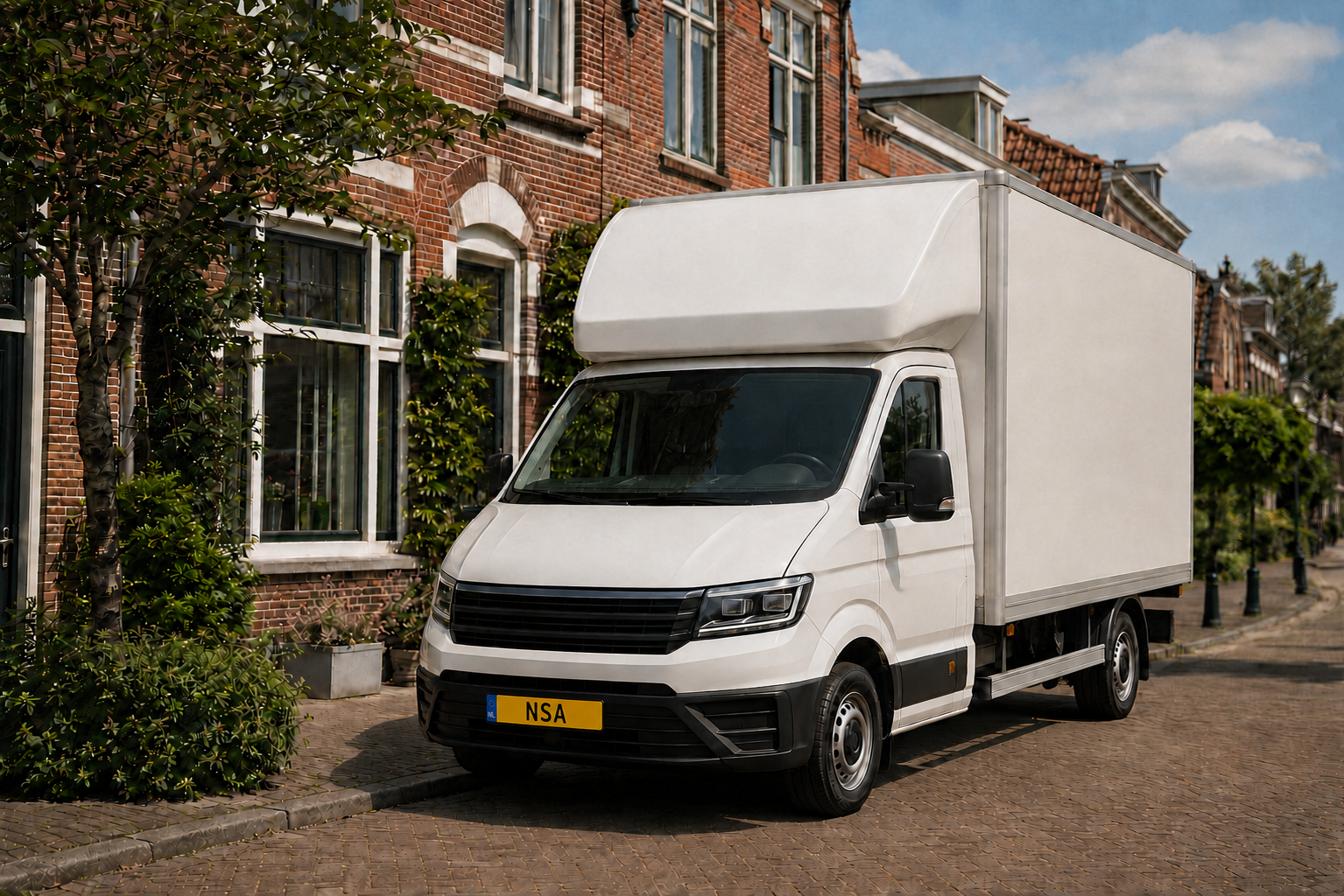 Witte verhuiswagen van NSA Transport in een Nederlandse woonstraat