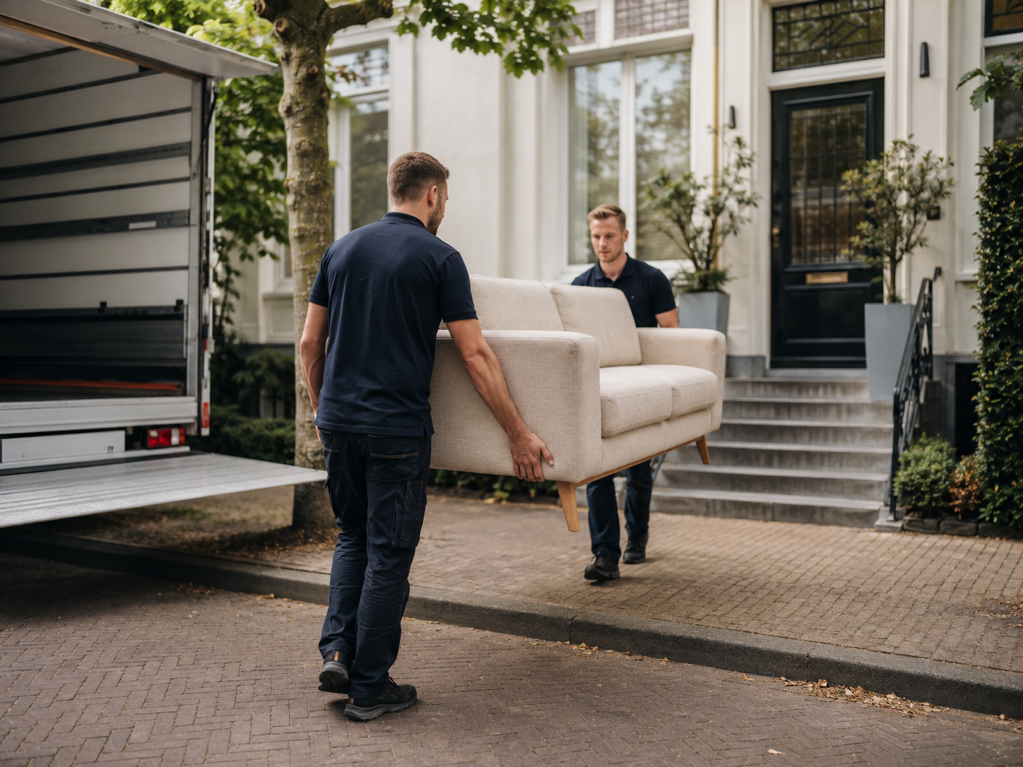 Professionele verhuizers dragen zorgvuldig een meubelstuk bij een Nederlandse woning